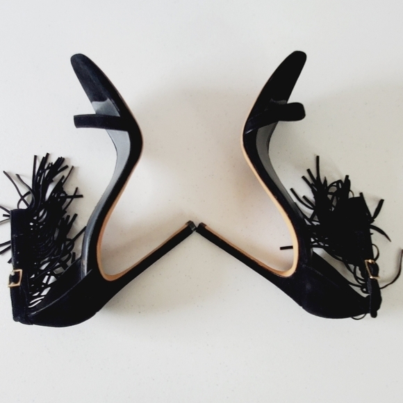 Stuart Weitzman Suede Love Fringe Sandal Size 9 Ankle Strap Black Stiletto Heel - Picture 8 of 16